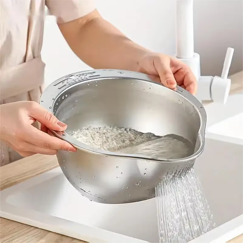 Stainless Steel Rice Washer Strainer Bowl – 304 Steel Colander for Washing Rice,