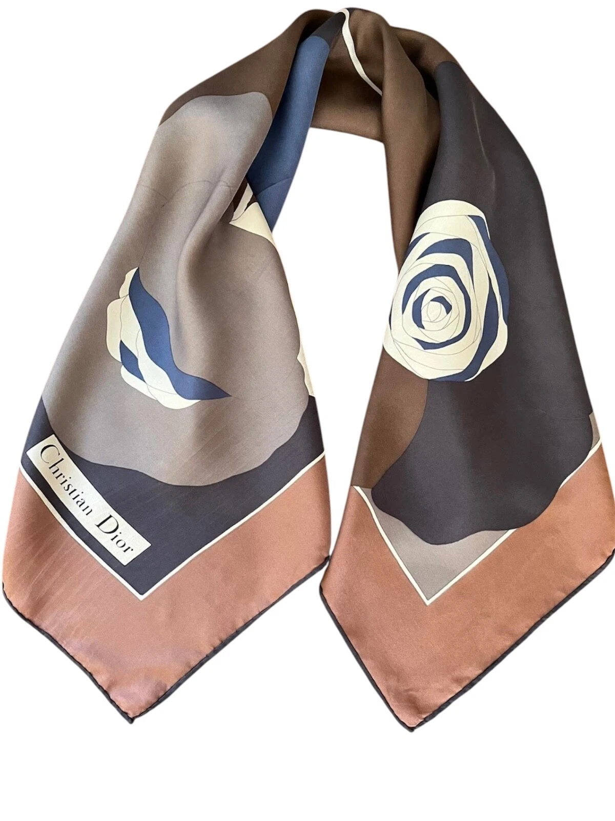 Foulard carré vintage Christian Dior en soie gris bleuté marron motif floral 30