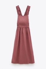 Zara Pinafore Ruffled Strap Buttoned Long Maxi Fitted Waist Dress Red Pink XS