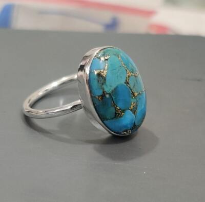 Blue Copper Turquoise Gemstone Ring 925 Sterling Silver Ring