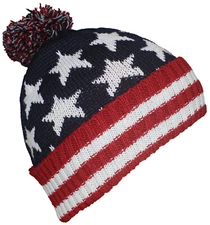 Best Winter Hats Jacquard American Flag Cuffed Beanie Cap W/Pom Pom