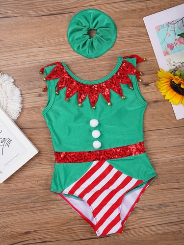 Kinder Mädchen Body Farbblock Elfe Kostüm Set Weihnachten Verkleiden verziert Xmas - Bild 15 von 31