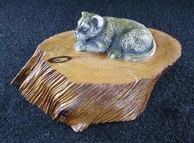 Lion Tiger Cat Cub Figurine on Madrone Wooden Base -  Made in Oregon Paperweight