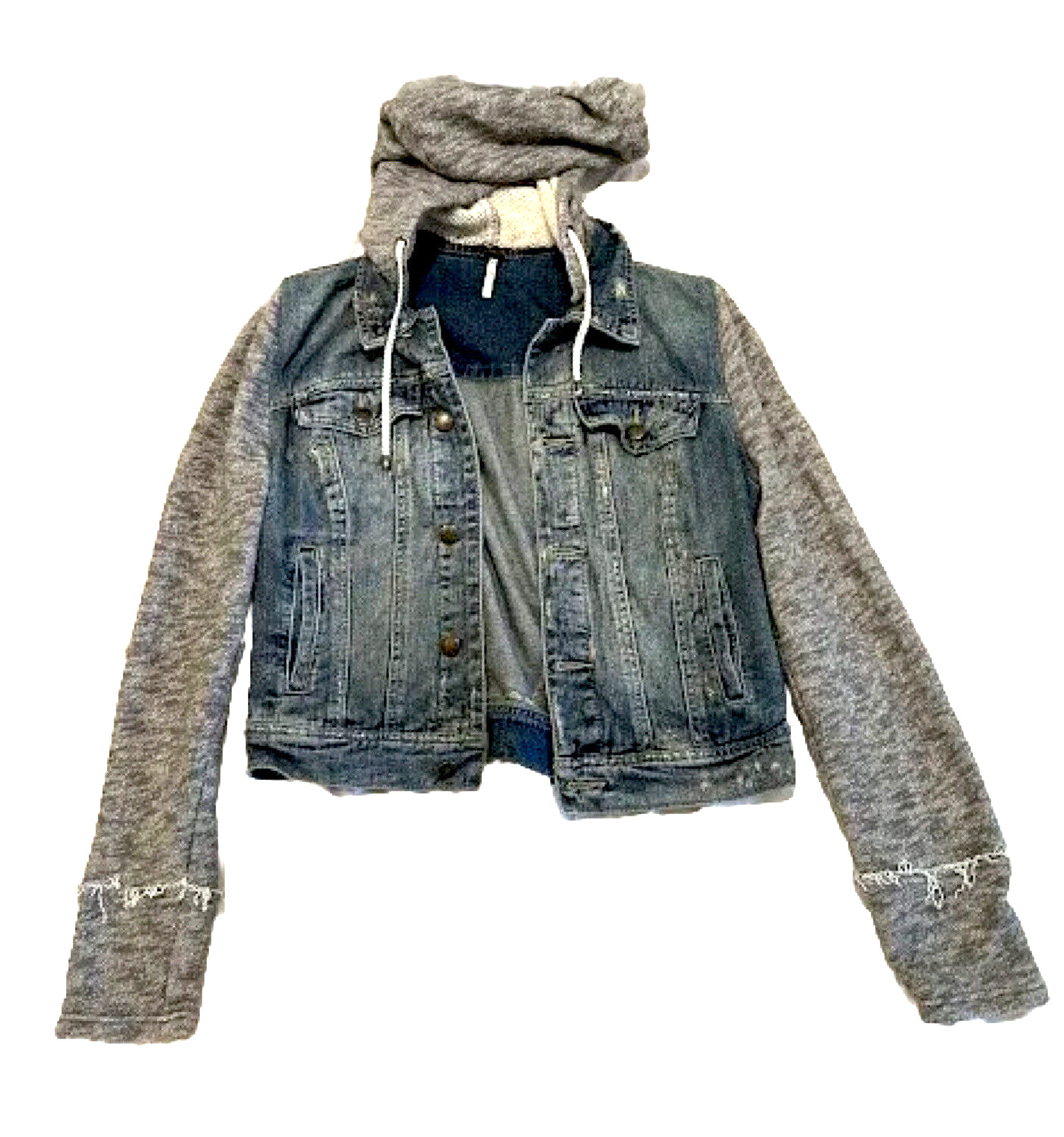 FREE PEOPLE Hooded Sweatshirt Jean Jacket Sz S Distressed Denim Blue Gray