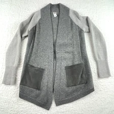 M.PATMOS Club Monaco Cardigan Womens XS Cashmere Open Gray Suede Pockets Cuffed