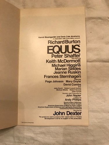 1974 Equus with Anthony Perkins & Thomas Hulce Souvenir Brochure Program - Picture 2 of 4