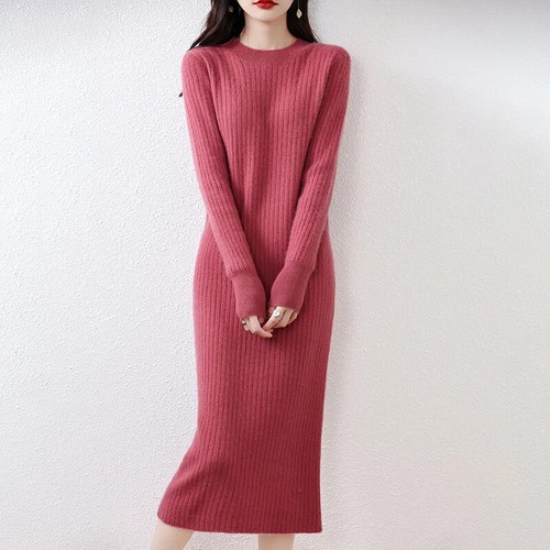 Winter Cashmere Dresses Pure Wool O-neck Sweater Women Long Sleeve