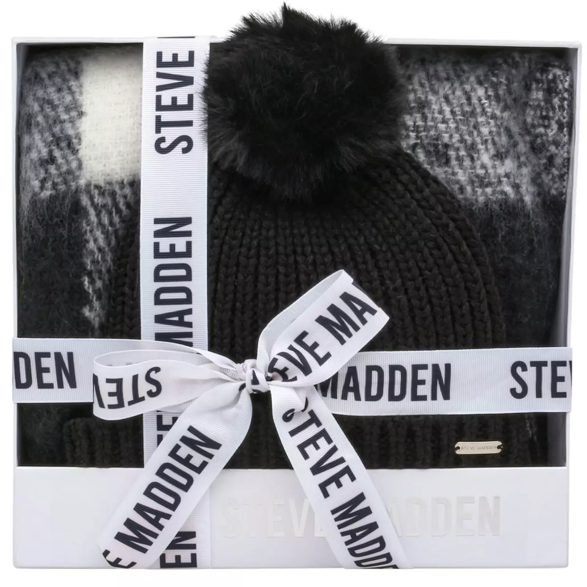 Steve Madden Women's Hat & Scarf Set Black Knit Cuff Beanie  Checkered Scarf