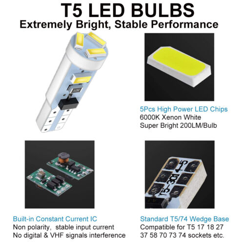 10X T5 74 37 White LED Instrument Panel Cluster Dash Gauge Light Bulbs + Socket - Picture 2 of 10