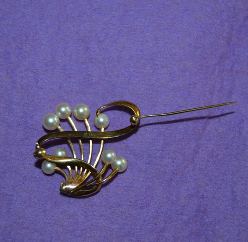 Vtg MIKIMOTO Akoya Pearl Brooch 14k Yellow Gold 7g Japan Signed Abstract Design - Picture 8 of 8
