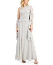 J KARA 14 Silver/White Beaded Popover Gown  Chiffon Scarf NWT 259