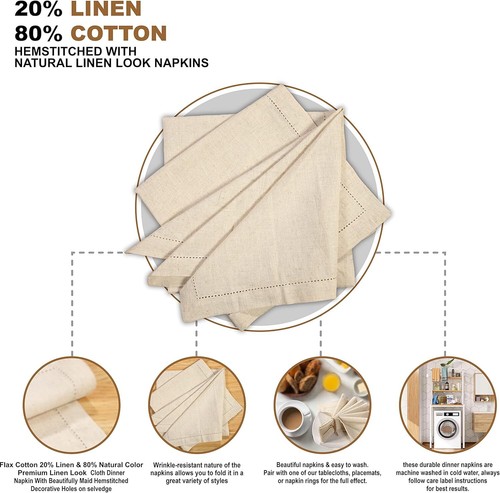 Natural Flax Cotton Dinner Napkins, Hemstitched, Linen Look, Pack of 12, 20x20 - Picture 2 of 9