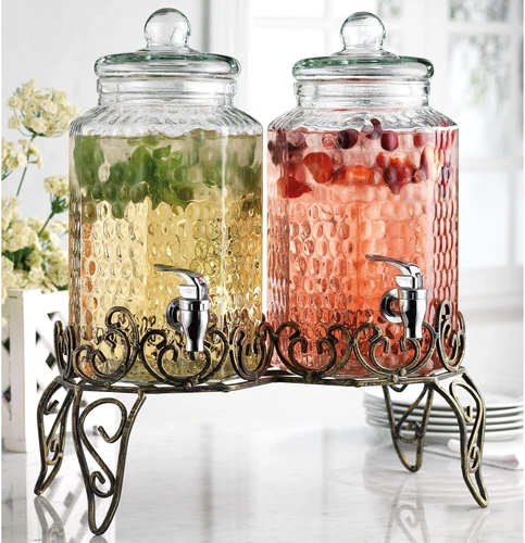 Drink Dispenser Set of 2 - Beverage Dispenser with Stand - Glass Drink Dispen...