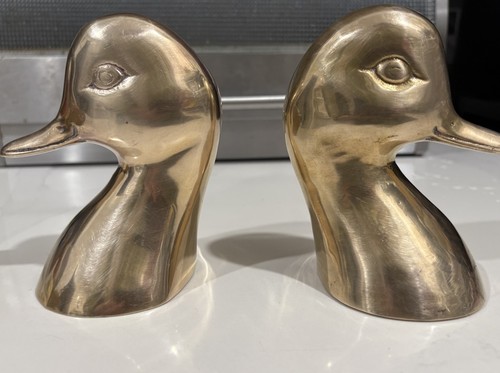 Vintage Solid Brass Duck Head Bookends Pair Mid Century Modern Home Office Decor - Picture 2 of 5