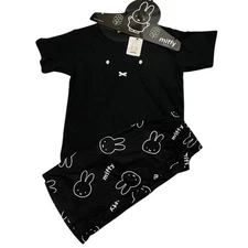 Miffy Face Print Pajamas Set Unisex Short Sleeve Loungewear Black Cute Gift