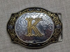 vintage "K" belt buckle WESTERN monogram ENGRAVED gold silver COWBOY rodeo