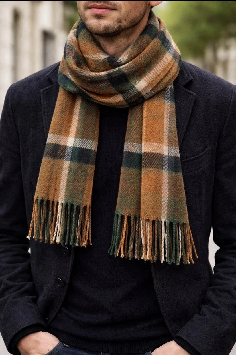 LORO PIANA men’s Pure Cashmere Scarf W A Plaid Pattern In Green&orange M.i.italy