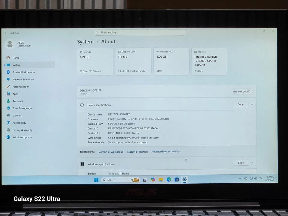 ASUS Q501LA 15.6''TELA SENSÍVEL AO TOQUE RAM 6GB ARMAZENAMENTO 750GB (HDD) WIN 11 BOM COSMÉTICO - Imagem 2 de 4