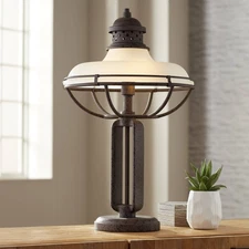 Industrial Table Lamp Open Cage Rust Bronze Dome Glass for Living Room Bedroom