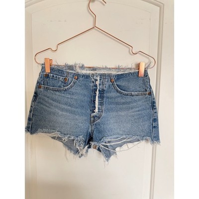 Levi's Denim Shorts Women 501 150th Anniversary 26 Blue Distressed Raw Hem