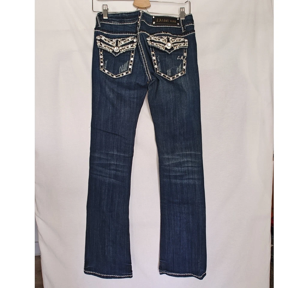 L.A Idol USA Embellished Jeans Boot cut Thick Stitch Size 5 Dark Wash Rhinestone - Image 3 of 4