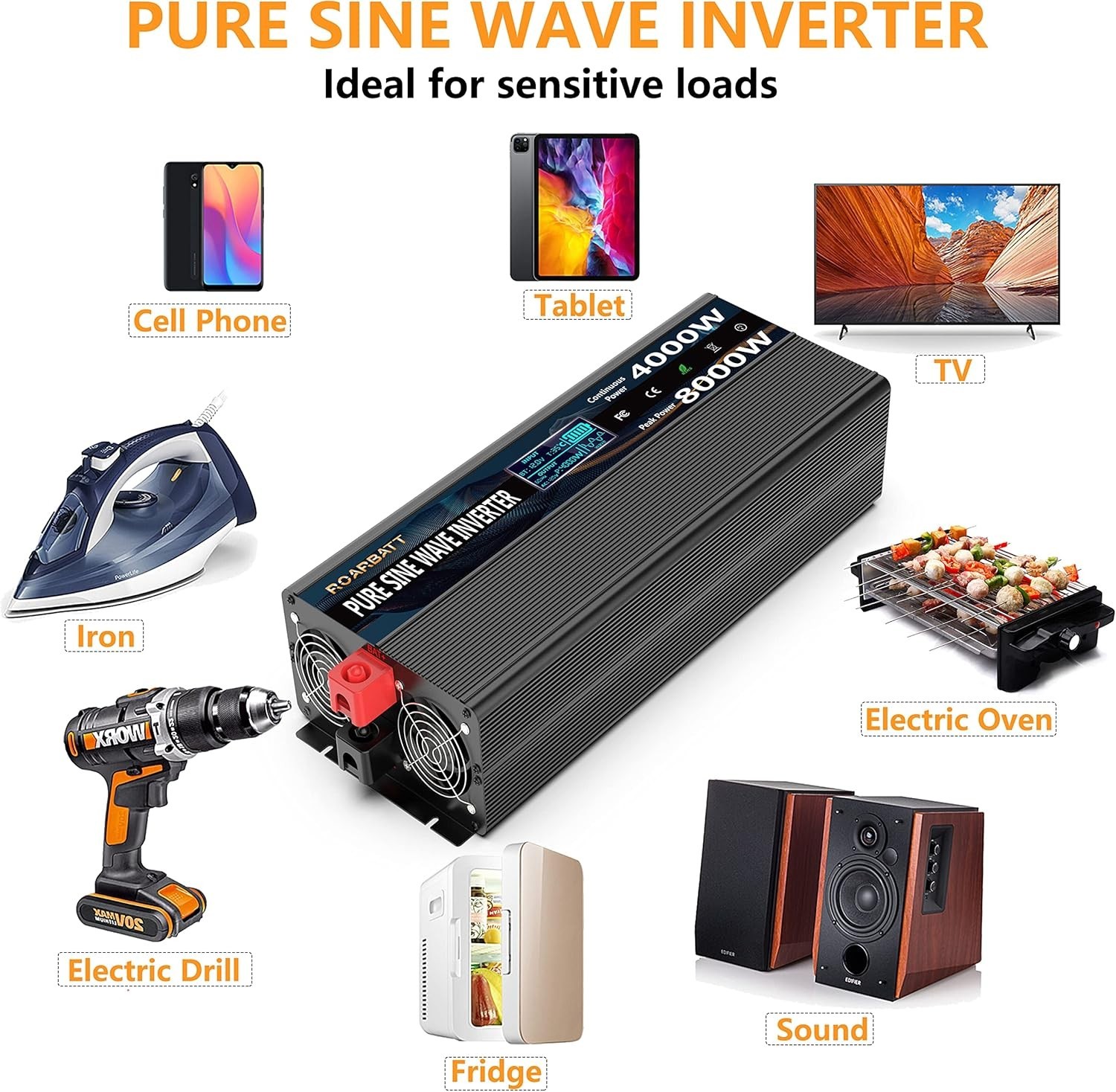 Pure Sine Wave Power Inverters 4000W 12V DC to AC 110V 120V Peak 8000W with Remo