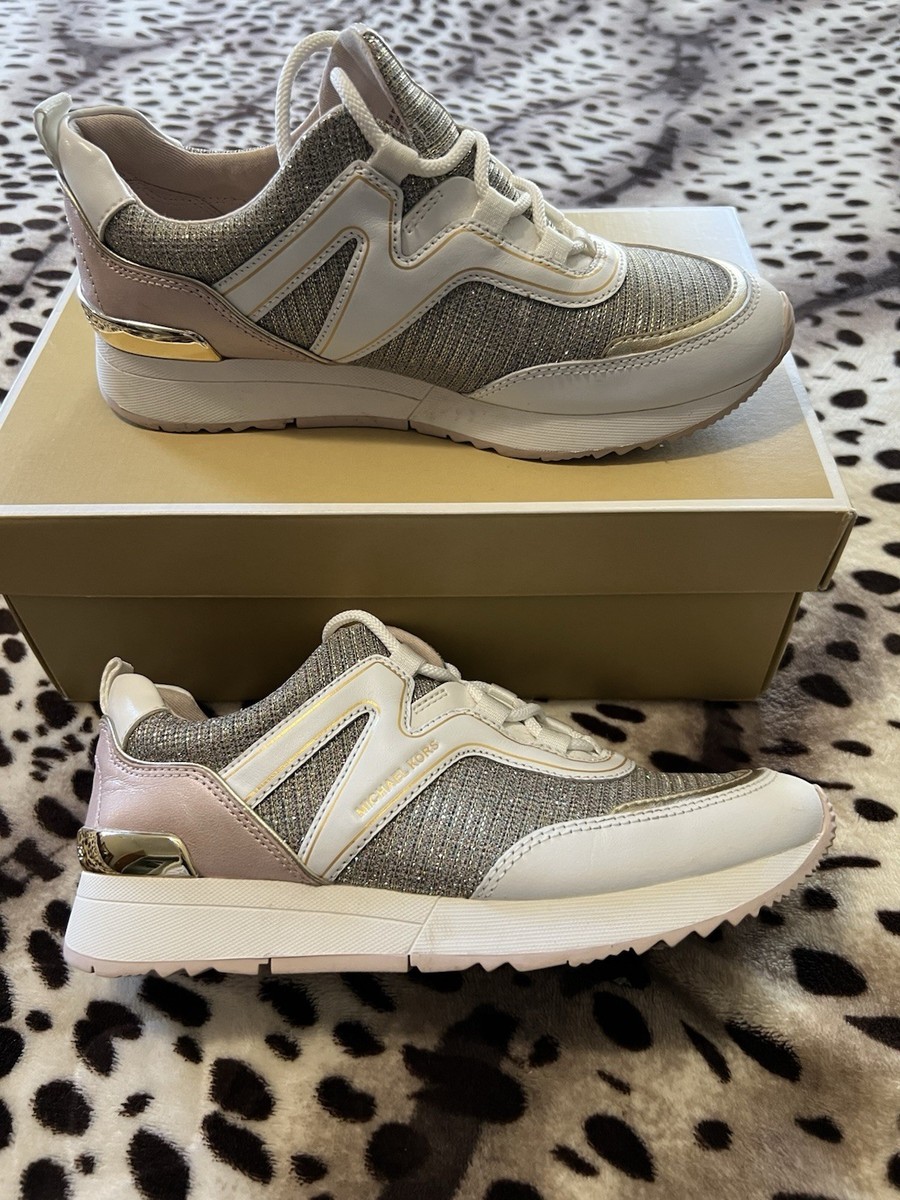 Michael Kors Glitter Mesh Sneakers Silver White Gold Metallic Logo