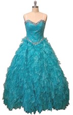 Prom Quinceanera Dress Gown Mori Lee Aqua Blue Beaded Tulle Corset Size 0