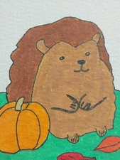 GAT Original Painting Impressionism Hedgehog Fall Pumpkins Miniature Art 3x3 