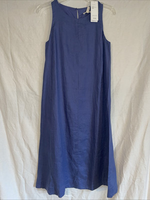 Eileen Fisher PP  PTP Linen Round Neck Sleeveless Long Dress Blue Petite NEW NWT