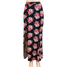 Vtg Floral Maxi Skirt Sz M Pink Roses Front Slit 90s Y2K Cottage USA Made