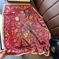 100% Mulberry Silk 27" Square Scarf Women Neckerchief Wrap Vintage Red Flower-