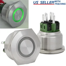 30mm Latching Push Button Power Switch Stainless Steel w/ Green LED Waterproof