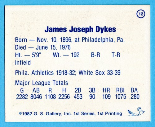 James Joseph Dykes Philadelphia Athletics 1982 GS Gallery Baseball Card #12 - Picture 2 of 4