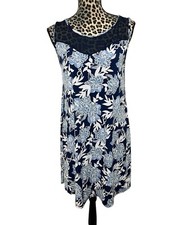 SJS Navy White Flocked Dress Sheer Yoke Neckline Size Med Sleeveless Shift