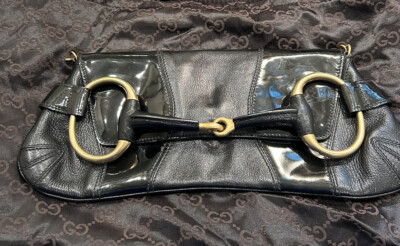 Gucci Tom Ford Black Leather /Patent Horse Bit Chain Clutch