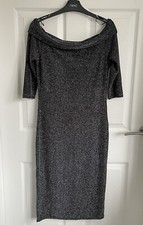 Ladies Black/Silver OASIS 3/4 Sleeve Off The Shoulder Bodycon Dress - Size Small