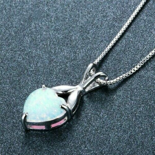 Fire Fashion Pendant Necklaces Opal Chain Heart Silver Jewelry 925 Wedding White - Picture 4 of 13