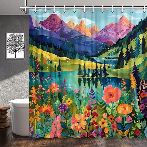 Abstract Mountain Shower Curtain Nature Forest Lake Floral Watercolor Art Pai...
