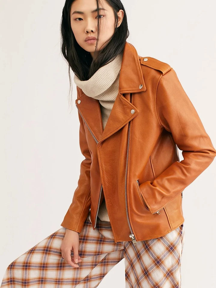 Understated Leather Classic Whiskey Oversized Moto Jacket Womens Size Small New