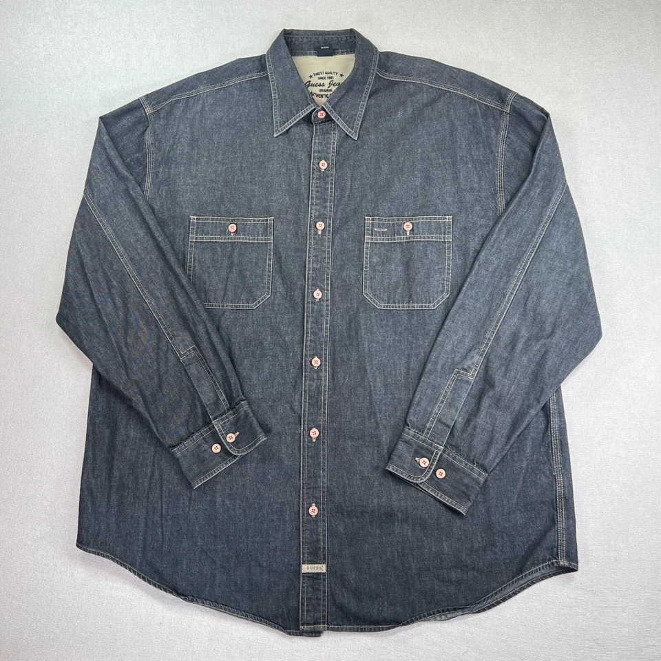 Camisa de mezclilla Guess de colección para hombre 2XL gris con botones chamarra hip hop logotipo americano Y2K Foto 2 de 4