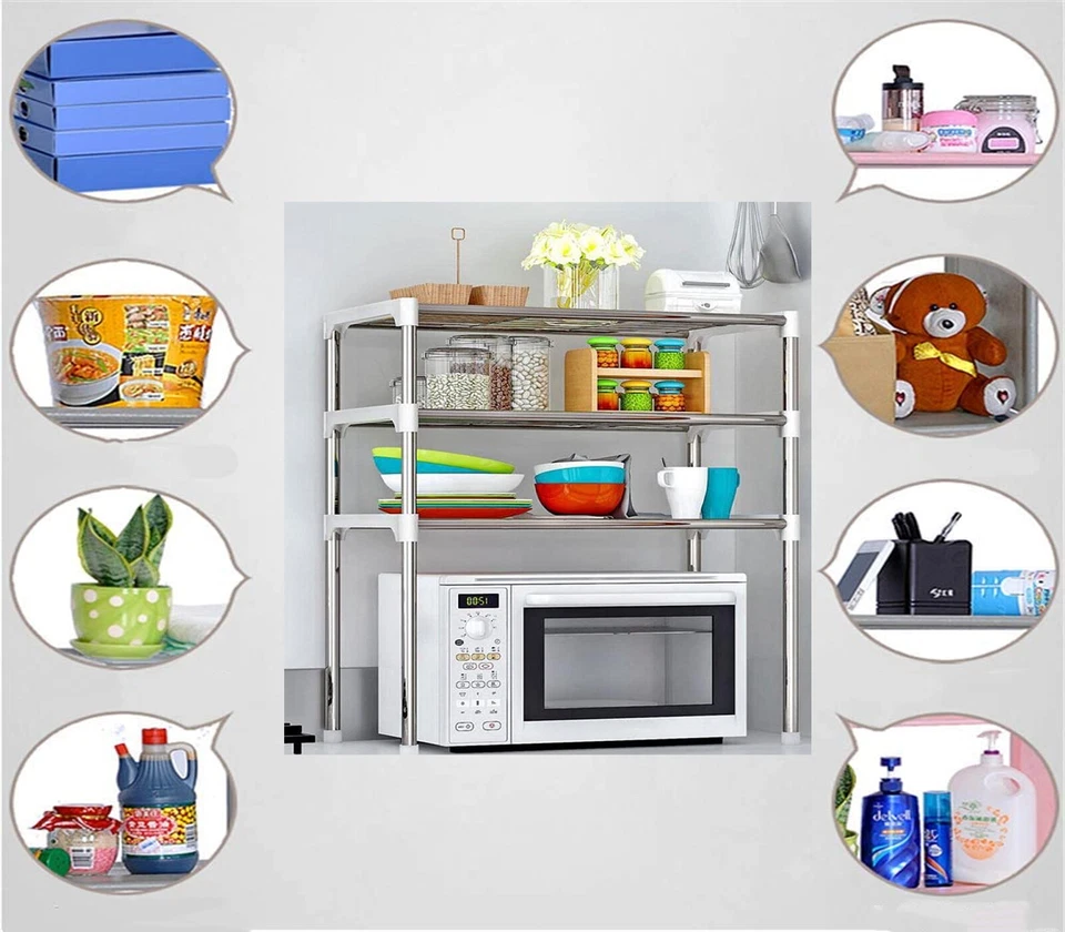 Mensola Microonde Scaffale Salvaspazio 3 Ripiani Mobile Organizer Per Cucina - Immagine 3 di 4