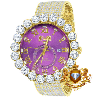 Real Diamond Dial Gold Tone Purple Face 10 Row Custom Band Bezel Watch Big 55mm
