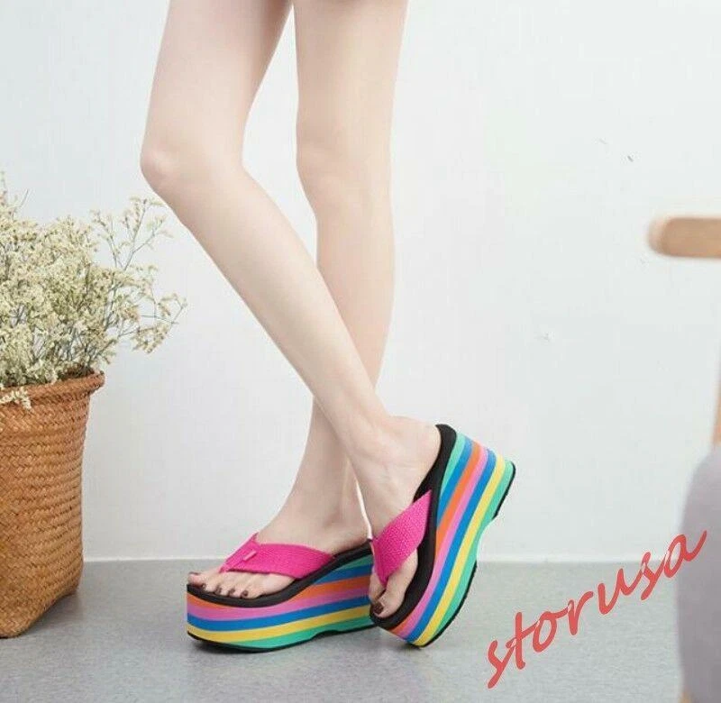 Rainbow wedge cheap thong sandal