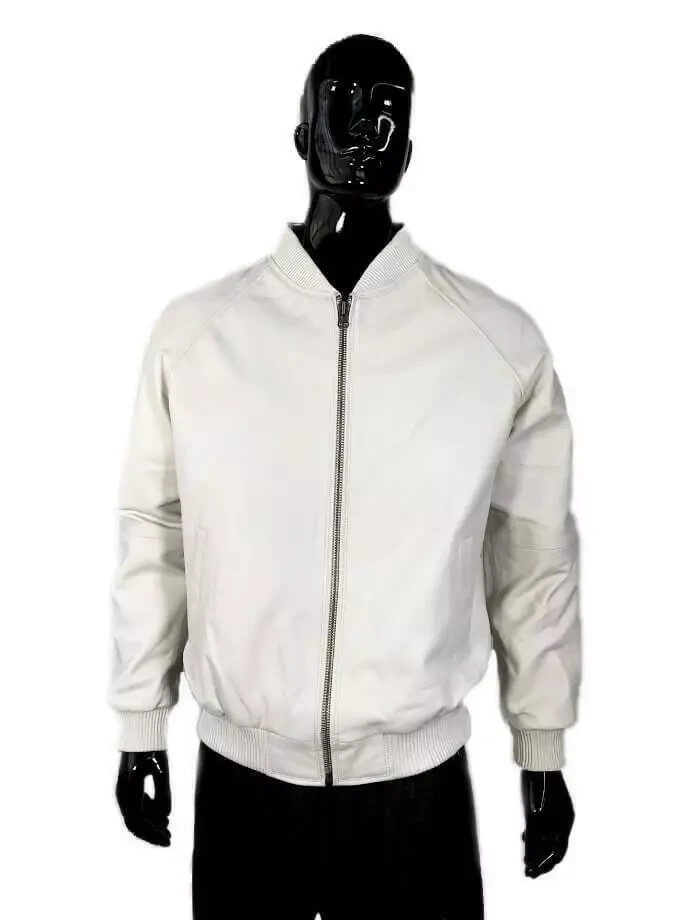 Handmade Men's White Lambskin Leather Bomber Biker Jacket Designer