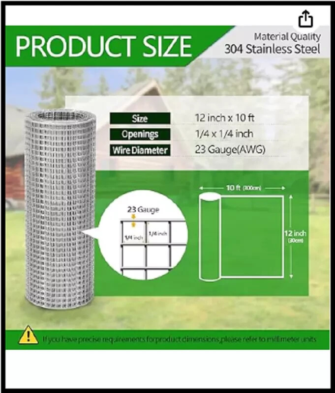 304 Stainless Steel Mesh Hardware Cloth 1/4 Inch Chicken Wire Fencing（12In×10Ft）