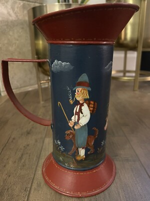 Antique Hand Painted Tole Tinware Folk Art Decorative Country Pitcher