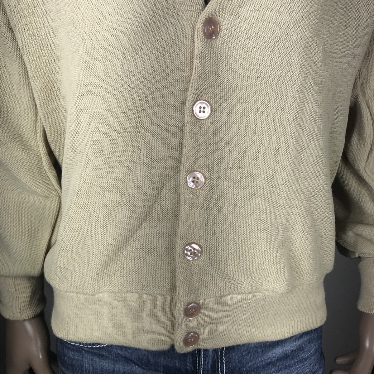 Vtg 60s 70s Campus Sweater Cardigan Mid Century Acrylic Khaki Tan