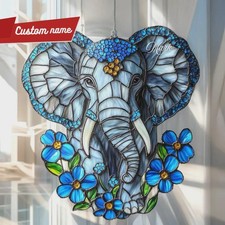 Elephant  Blue Flowers Acrylic Suncatcher- Safari Animal Window Hanging Decor