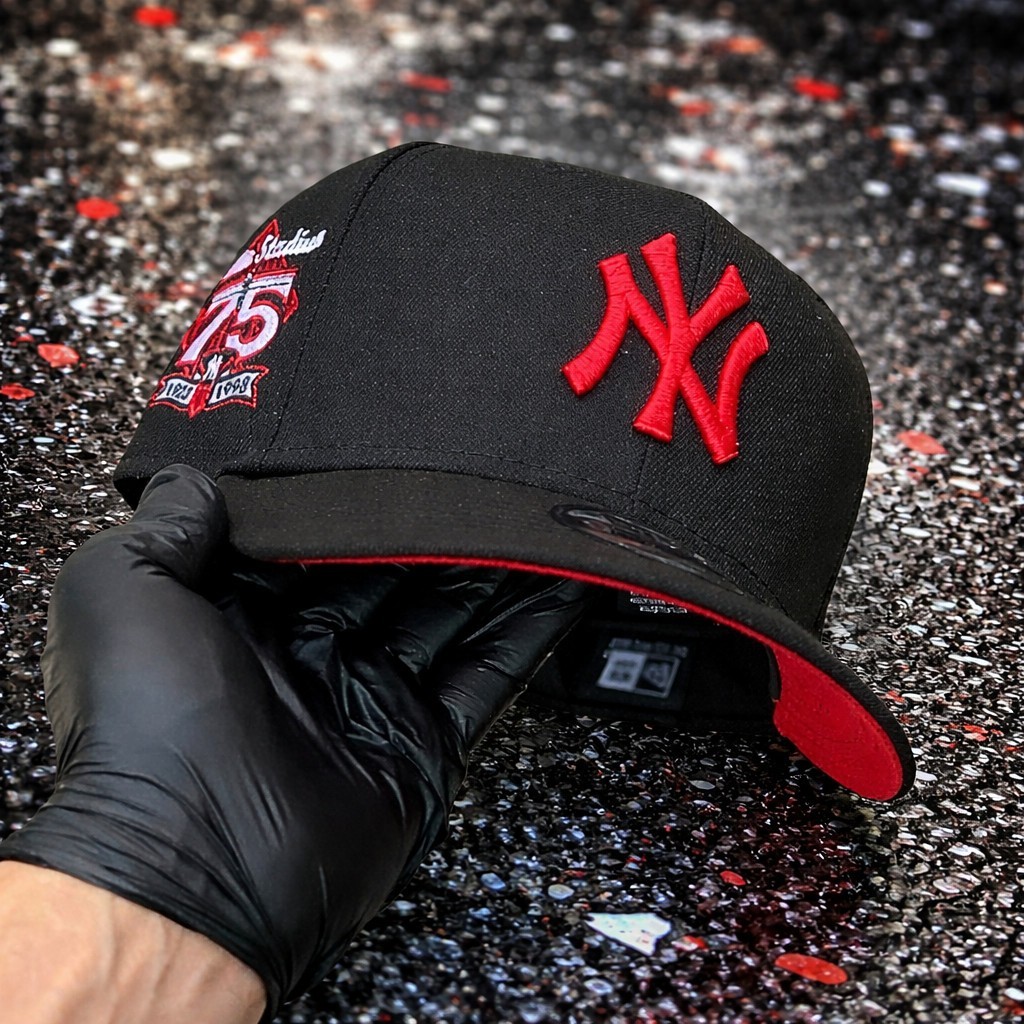 NY Yankees Hat 75th Anniversary World Series Patch Black Red